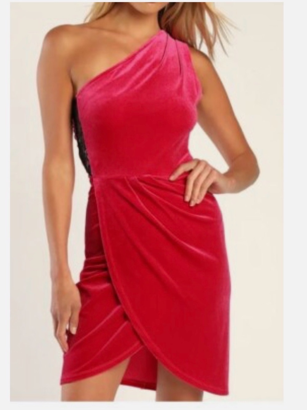 Lulu's Fuchsia One-Shoulder Draped Dress with Black Lace